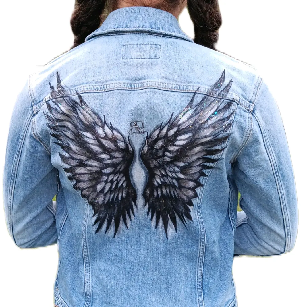 Hand Painted Black Angel Wings Custom Art Denim Jacket Glitter Casual Womenswear S Lucky Brand Light Distressed Pockets Coats Evening Everyday Fashion Outfits Piece Shimmer Statement