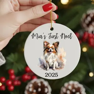 Pet's First Noel Ornament - Personalized Ceramic Keepsake with Watercolor Papillon Dog Portrait "Mia's First Noel" Custom Text & 2025 Date Durable Glossy White Ceramic Ornament for Pet Lovers Gift Print Round Artistic Christmas Fluffy Fur Decor
