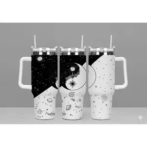 Celestial Tumbler Cup, Moon Eclipse Space Aesthetic Travel Mug, Black White Cosmic Wrap Design, Gift for Astronomy Lovers, Birthday