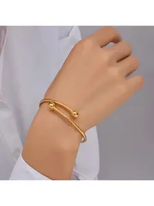 Gold Tone Ball End Open Cuff Bracelets, Adjustable Bangles Bulk Set