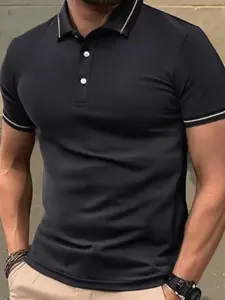 Men's Summer Polo Shirt Top Menswear Pure Color Casual Business Social Wear, Fashionable Gift for Boyfriend, Striped Fitted Style
