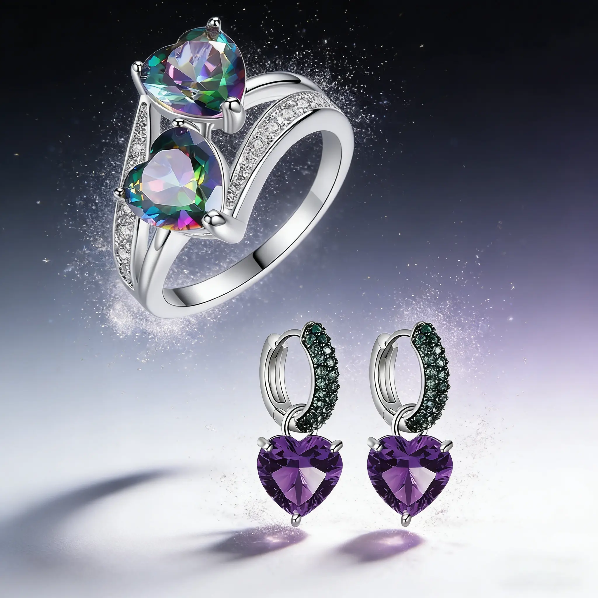 AELNEN Emerald Pave Heart Drop Huggie Earrings & Mystic Topaz Heart Ring Set - Romantic Luxury Jewelry for Valentine's Day & Holiday Gifts