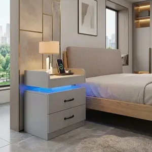 2 Pcs Modern LED Nightstand With Cool Blue Ambient Light Semi Floating Design 2 Large Storage Drawers USB Charging Port MDF Waterproof Bedside End Table Easy Assembly Multi Color For Bedroom Gaming Room Living Room Home Decor
