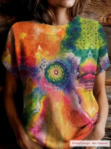 Women's Slim Fit Casual Fashion Short Sleeve Top, Trendy Knitted Breathable Shirt, All Over Print, Short Sleeve Design