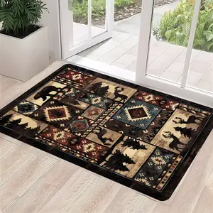 Vintage Southwestern Aztec Welcome Doormat, Rustic Western Bear Patchwork Anti-Slip Mat, Absorbent Quick Dry Floor Mat, Non Slip Rugs, Soft Low-Profile Indoor Outdoor Entrance Rug for Front Door Porch Entryway, Western Home Decor, Gift for Family Friends