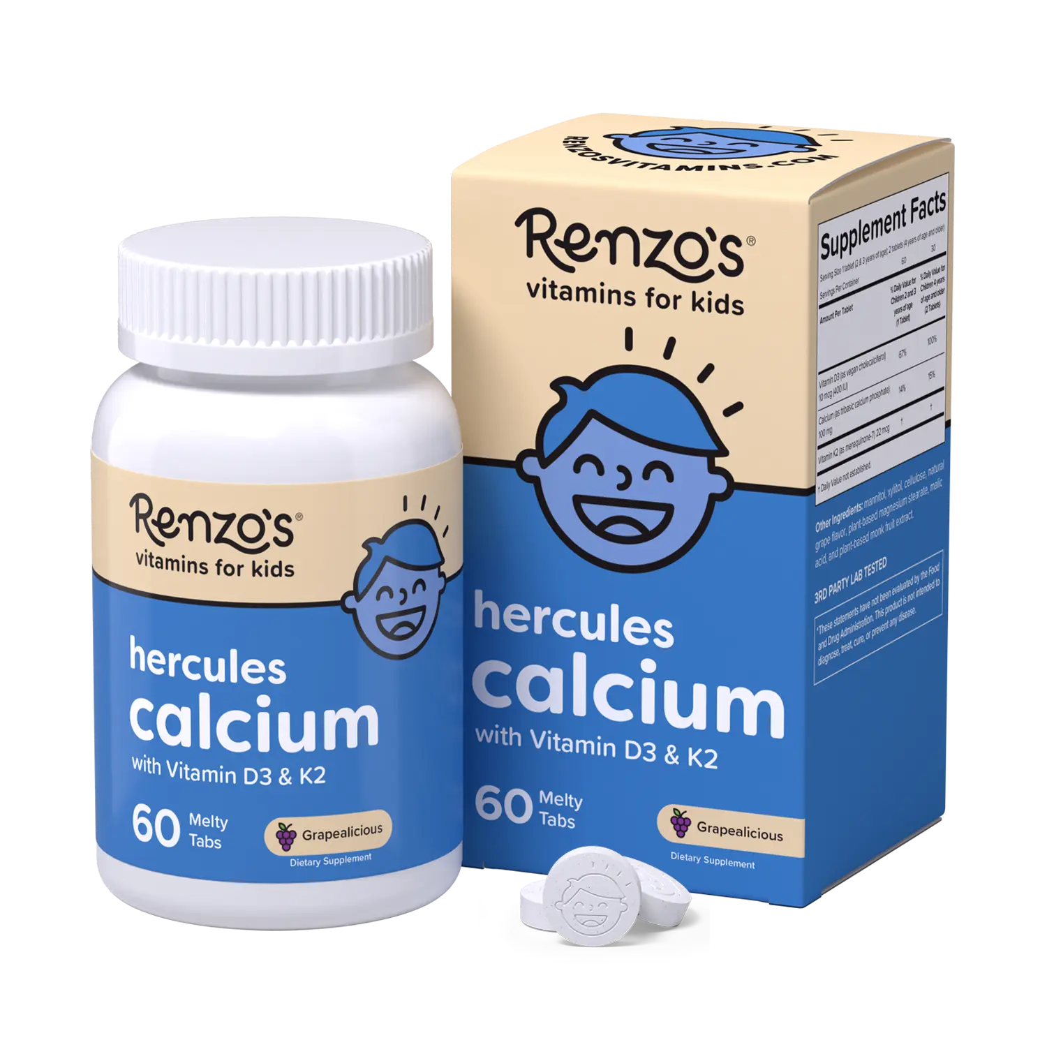 Renzo's Vitamins Hercules Calcium Supplement for Kids with D3 + K2 - 60 Melty Tabs