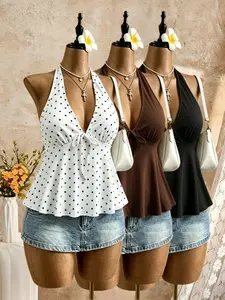 Halter Neck Top, Deep V-Neck Front Tie Strap Sleeveless Tank, Summer Retro Bell Bottom Casual Outerwear Vest Shirt