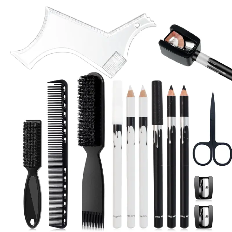13-Piece Men’s Beard Shaper & Barber Pencil Kit, Lineup Edging Template & Hair Grooming Brushes Set