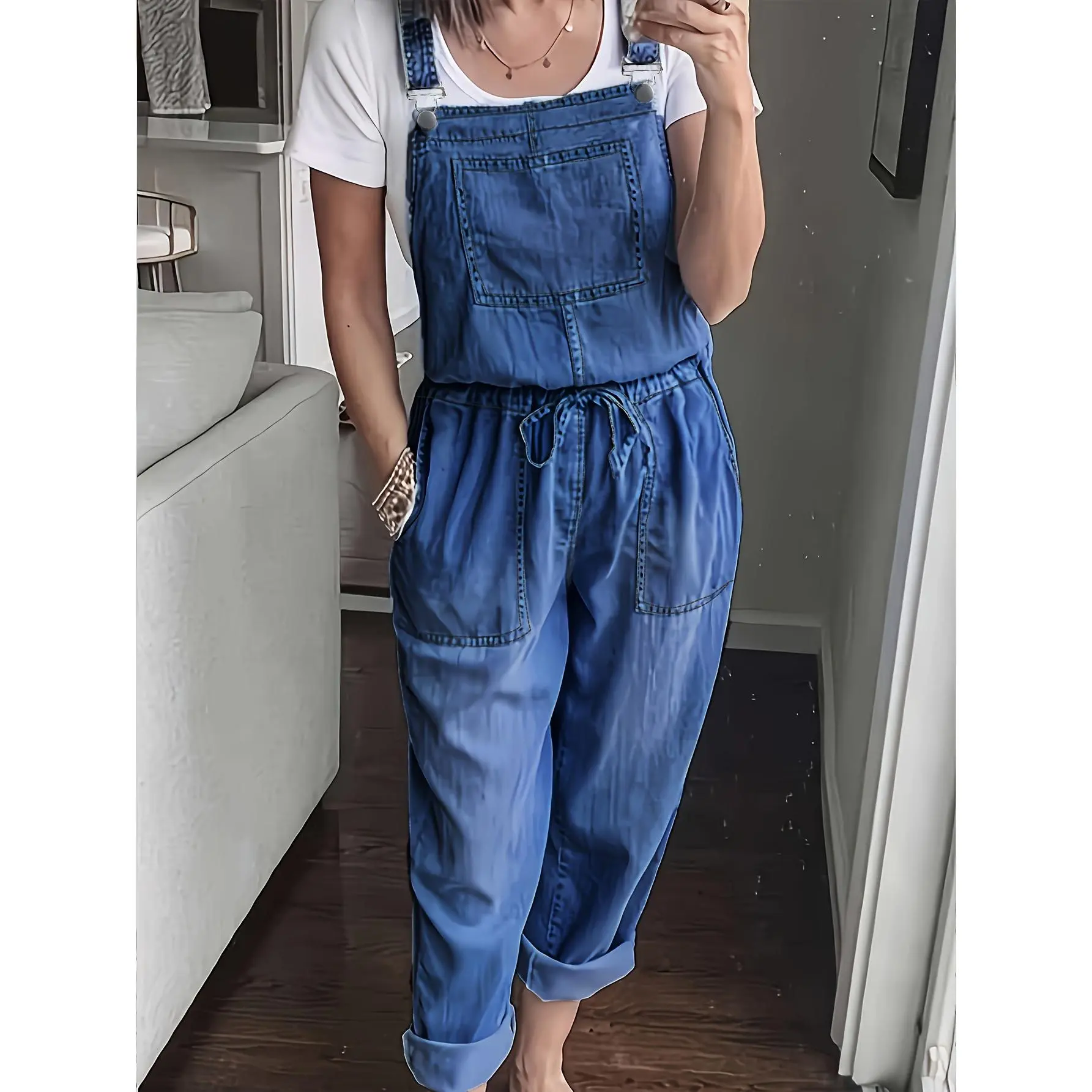 Plus Size Casual Denim Overalls for Tall Women, Comfortable Cotton Blend with Drawstring Waist, Solid Vintage Wash, Elegant Sleeveless Loose-Fit with Strappy Back, Non-Stretch Woven Fabric - All Season Wear