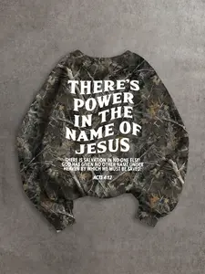 Women's Loose Casual Pullover Sweater, Letter Print, Fashion Camo Branch Print, Comfortable Spring & Fall Wear, Layered Choice