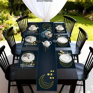 2D flat printing, 1 piece/4 piece/6 piece/8 piece/5 piece set/7 piece set of table flags and placemats, Ramadan set, Eid al Fitr holiday table decoration, star and moon lantern table decoration, suitable for home, restaurant, decoration