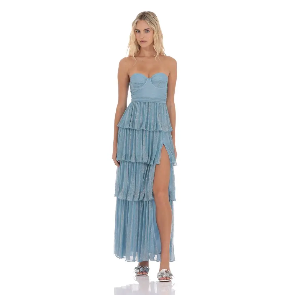 Strapless Shimmer Ruffle Maxi Dress in Blue