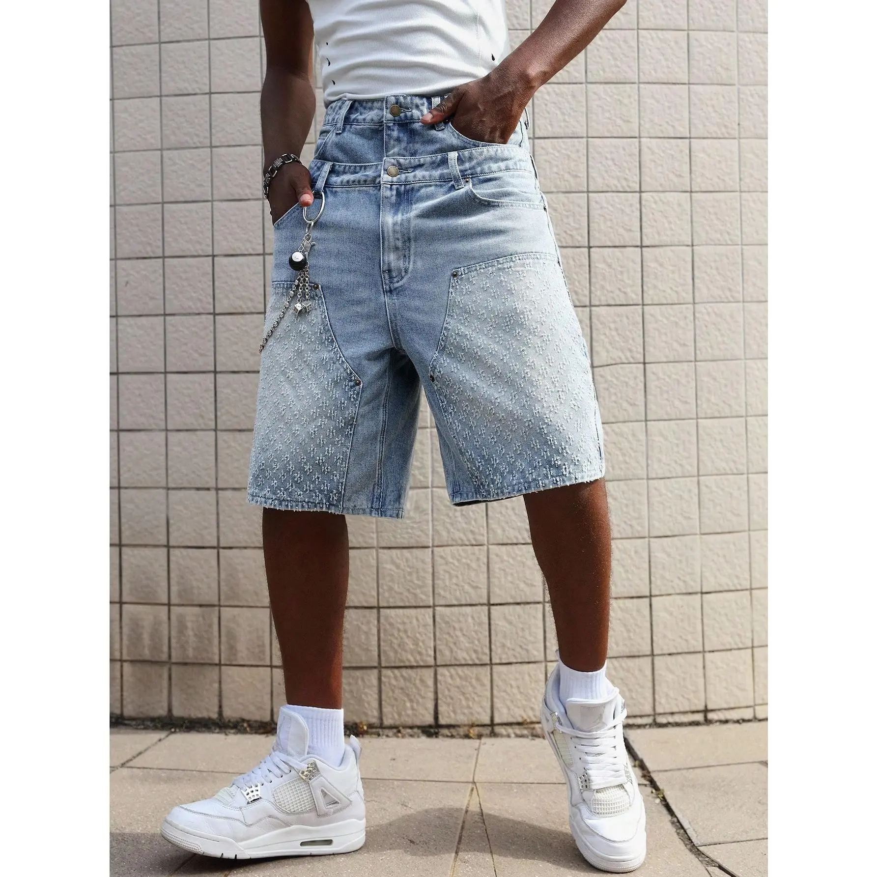 Men's Summer Casual Graphic Street Life Washed Denim Double-Layer Waistband Shorts