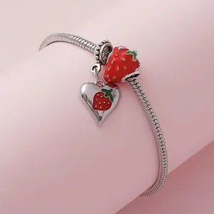 Charming Strawberry Heart-Shaped Pendant Beaded Bracelet-Women's Cute Copper Ornaments, Suitable for Daily Wear and Gift