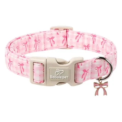 Pink Plaid Adjustable Dog Collar - Cotton, Cute Bow, Quick Release Safety Buckle, Lightweight Fruit Animal Print, Chew Resistant, Universal Fit for Small-Large Dogs, Adjustable Collars for Everyday Spring-Summer Pet Use