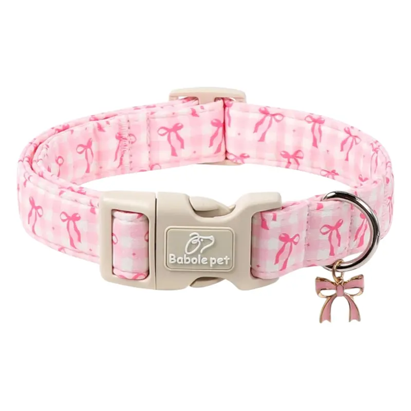 Pink Plaid Adjustable Dog Collar - Cotton, Cute Bow, Quick Release Safety Buckle, Lightweight Fruit Animal Print, Chew Resistant, Universal Fit for Small-Large Dogs, Adjustable Collars for Everyday Spring-Summer Pet Use