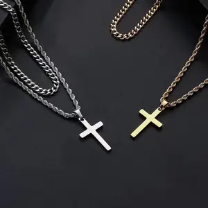 Double Stacked Easter Twisted Cross Jewelry, Chunky Chain Necklace with Pendant, Fashion Simple Stainless Steel Jewelry for Men & Women