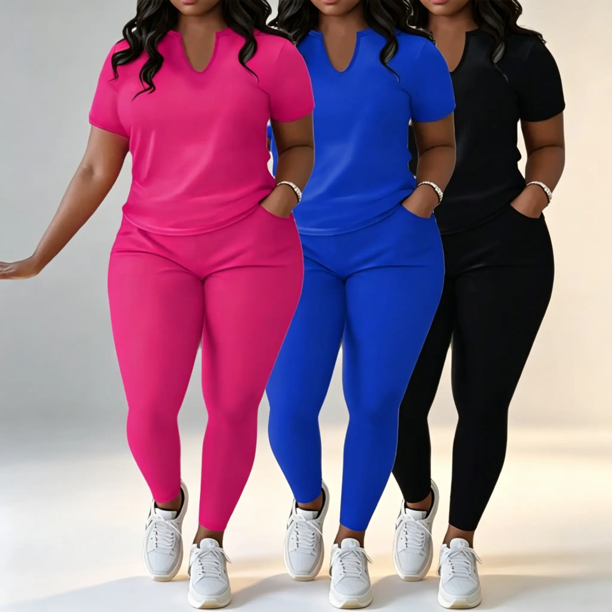 2pcs Plus Size Round Neck Set, Casual Sports Set Crew Short Neck  Sleeve Top & Long Pants Outfits, T-Shirt & Long Trousers Sporty Suit Women'S Activewear Women'S Clothing Tracksuit Sets
