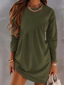 Green Irregular Seam Detail Long Sleeve T-shirt Dress