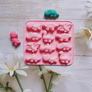 1pc 12 Cavity Mini Dinosaur Silicone Mold, 3D Fondant Mold For DIY Pudding Chocolate Candy Desserts Gummy Handmade Soap Polymer Clay Ice Cube, Cake Decorating Supplies, Baking Supplies, Kitchen Items