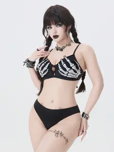 ZESTY NOX Gothic Style Summer Vacation Outfit Mysterious Skeleton Hand Embroidery Bikini Set Iridescent Hollow-Out Design Sexy Swimwear with High-Cut Bottoms