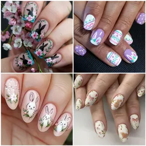 Easter Wearable Nails 24pcs Egg Rabbit Flower Spring Press-On False Nails for Women and Girls, All Seasons, Holiday & Daily Use, Nails Art