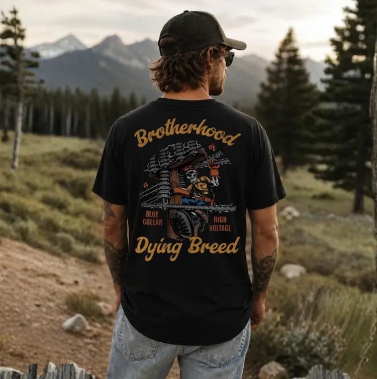Lineman Brotherhood Tee, Blue Collar High Voltage Dying Breed Shirt, Perfect Father’s Day Gift or Everyday Workwear, Full Size, Full Color