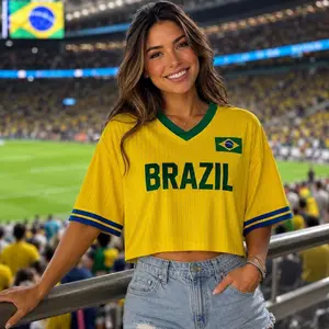 Personalized Brazil Soccer Jersey Crop Tee, Custom Name Number Football Crop Top, Brazil Fan Festival Shirt, Women Sports Jersey