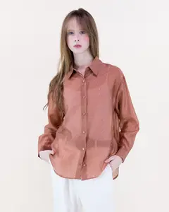 Women’s Atelier Shimmer Rhinestone Button-Up Blouse – Elegant Sheer Collared Shirt