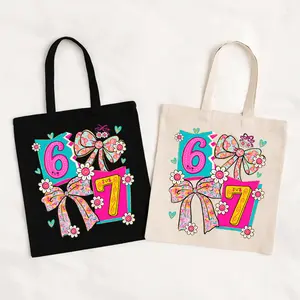 Colorful Bow Numbers Tote Bag | Cute Gift Bag for Girls | Floral 6 and 7 Design Canvas Bag | Back to School or Birthday Bag