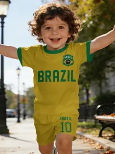 Boys' Printed Toddler Short Sleeve Summer Clothing Set in Yellow-Green Brazilian Style, Casual Baby Kids' Clothing, T-shirt Suitable for Daily Wear and Outdoor Sports. Made of 100% Polyester, an Ideal Gift for Toddlers!