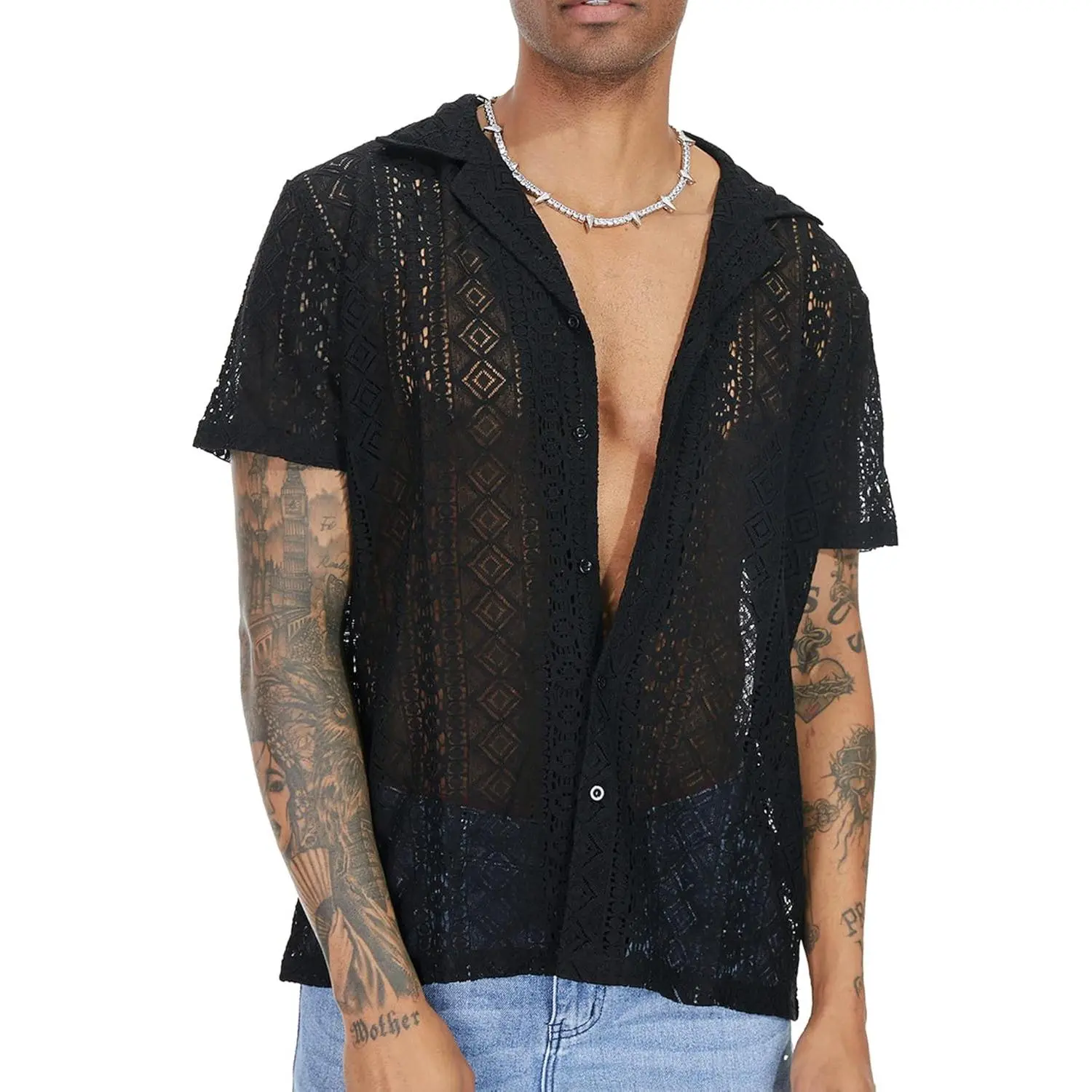 Mens Floral Lace Shirt Short Sleeve Hollow Out Sheer See through 