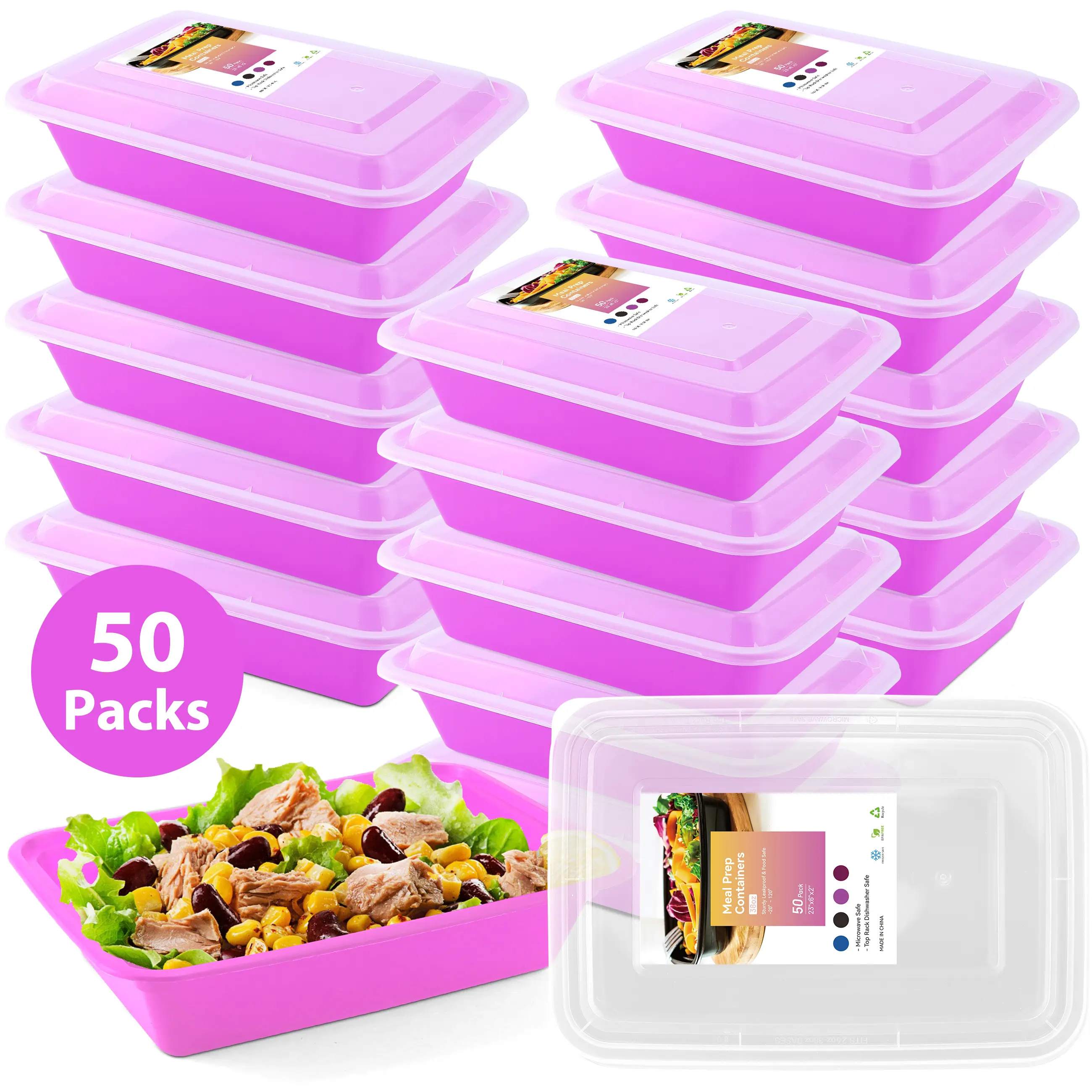 Purple 50-Pack 1-Compartment BPA Free Meal Prep Containers with Snap Lids, Microwave Freezer Dishwasher Safe, Durable and Leak-Resistant, Ideal Meal Prep Lunch Container for Healthy Meal Prep and Easy Meal Prep, Takeout, Catering, and Daily Lunch Packing