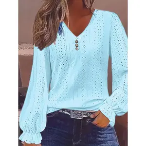 Elegant women's V-neck long sleeved T-shirt in plus size, with solid color eyelets and hollow button design, suitable for spring and autumn casual wearRAIMENTRY