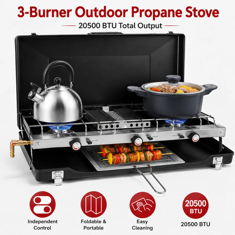 3 Burner Camping Stove - 20000 BTU, Toast Tray & Windshield, Foldable Propane RV Stove foldable side table-5372