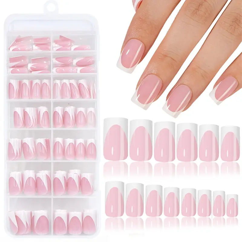 140Pcs French Gel Nail Tips, French Tip Press on Nails Short Square, Glossy Natural Full Cover False Nails, Decorative Nails, Fake Nails, Short Square Press On Nails Gel Nail Tips Nail Art DIY Manicure Gifts for Women, Pressed On Nails, Nail Tips Kit