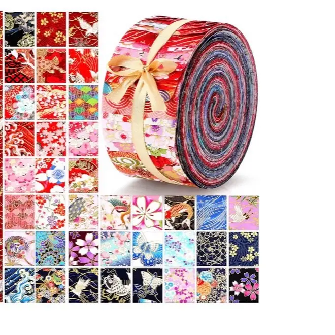 Peryiter 40 Pcs Japanese Jelly Fabric Strips for Quilting, Cotton Jelly Fabric Rolls 39.37 x 2.56 Inch, Different Asian Patterns Patchwork Craft Sewing Supplies for Quilters Sewing DIY Crafts