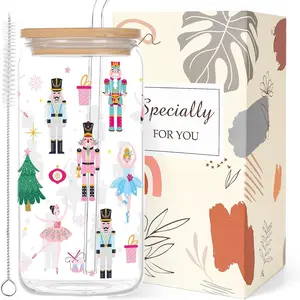Nutcracker Glass Cups Gifts - 16oz Christmas Iced Coffee Cups with Lid Straw, Nutcracker Print Glass Tumbler Drinking, Mom Girlfriend Besties Christmas Xmas Winter Holiday Mother's Day