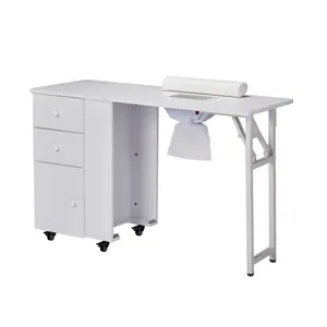 Foldable Manicure Table with Electric Dust Collector, Lockable Wheels, Wrist Cushion, Drawers & Cabinet for Beauty Salon, Foldable Nail Table, White