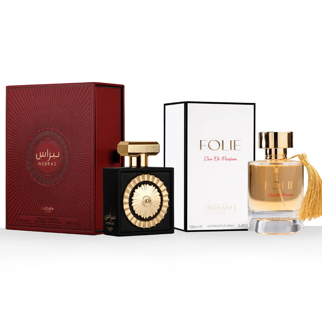 Nebras EDP 100ML (3.4 OZ) by Lattafa Pride & Folie EDP 100ML (3.4 OZ) by Intense Elite. (SENSATIONAL BUNDLE)