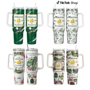 Masters Tournament Tumbler With Handle, Golf Lover Travel Mug, Insulated Golf Cup with Straw, Golf Fan Gift
