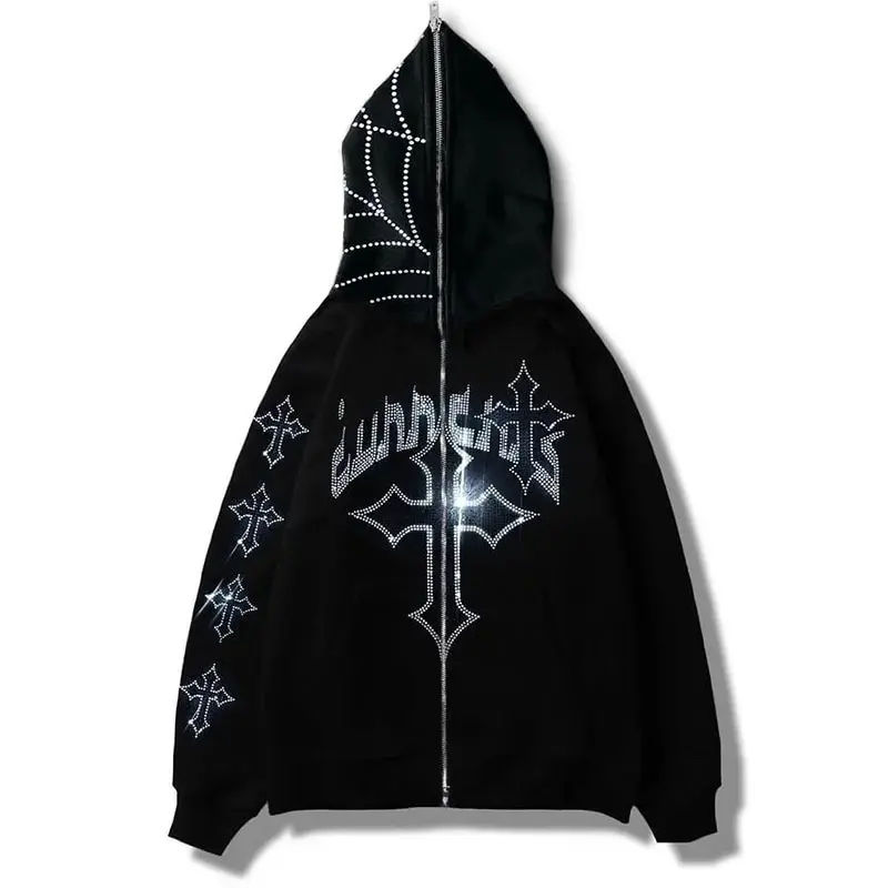 Dark Style Hooded Sweatshirt Jacket for Men and Women, Personalized Rhinestone Print Sweatshirt Cardigan, Street Fashion Casual Hip-Hop Zipper Jacket, Couple Style Long Sleeve Menswear