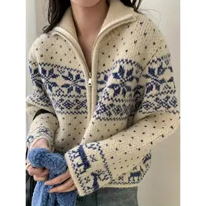 Women's Christmas 3-Piece Outfit - Embroidered Snowflake Jacket + Zip-Up Acrylic Blend Cardigan + Japanese-Style Top, Soft Comfortable Fabric, Elegant Festive Design for Fall/Winter Holiday Gatherings & Casual Daily Wear