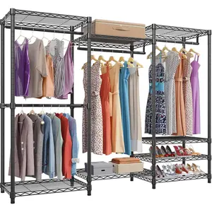 V5 Heavy Duty Clothes Rack, Portable Closet Wardrobe with 4  Rods & 8 Shelves, Freestanding Adjustable Garment Rack for Bedroom, Walk-in Closet, 890 lbs Capacity, Black, 68.9" L