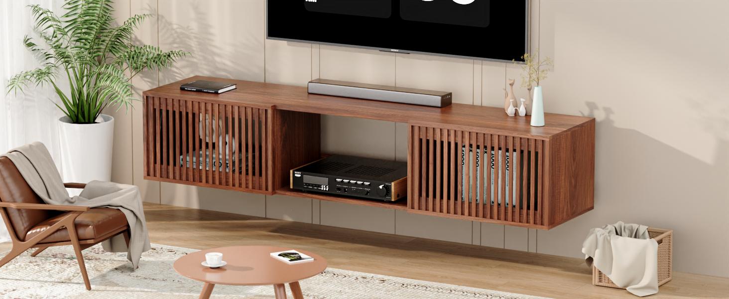 HOMMPA Floating TV Stand Wall Mounted for TVs 55'' to 80'', Floating Entertainment Center with Slatted Door Design, Mid Century Wall Mounted TV Stand for Livingroom