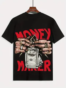 Men'S 'MONEY MAKER' Graphic T-Shirt| Stylish Black Tee with Cartoon Hands Holding Dollar Bills, Bold Red Printing, Comfortable Fit, Perfect for Street Style Enthusiasts, Ideal for Casual Outings and Trendy Looks