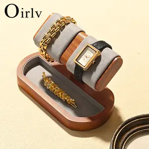 Oirlv High-end Wood Watch Display Stand Microfiber Jewelry Organizer Storage Earrings Rings Bracelets Display Storage Watch Holder Gift for Exhibitions and Home Use Grey