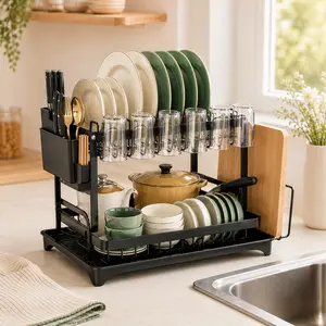 2-Tier Dish Drying Rack with Detachable Drainboard, Foldable Space-Saving Kitchen Storage Organizer with Utensil Holders, Black