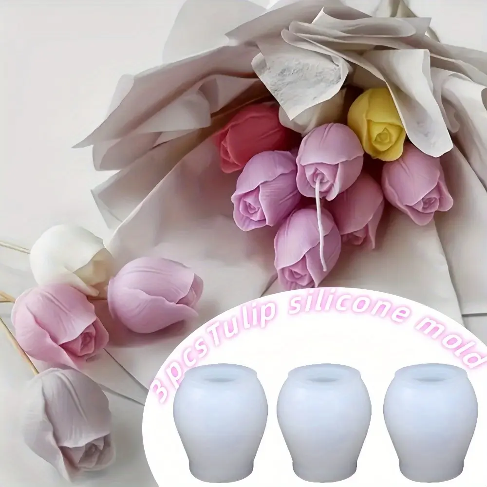 Set of 3 Tulip Flower Silicone Molds 3D Floral Resin Candle Soap Mold, Candle Molds for Candle Making for DIY Resin Crafts, Cake Decoration, Flower Fondant & Home Decor Casting