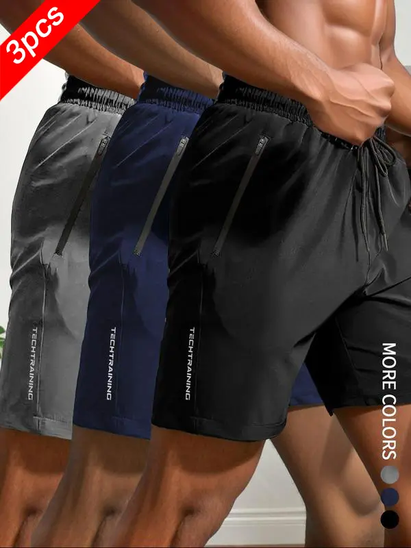 3-Pack Men’s summer letter-print casual athletic shorts with a drawstring waist, quick-drying and breathable, soft and comfortable, available in multiple colors, regular fit, suitable for everyday wear.